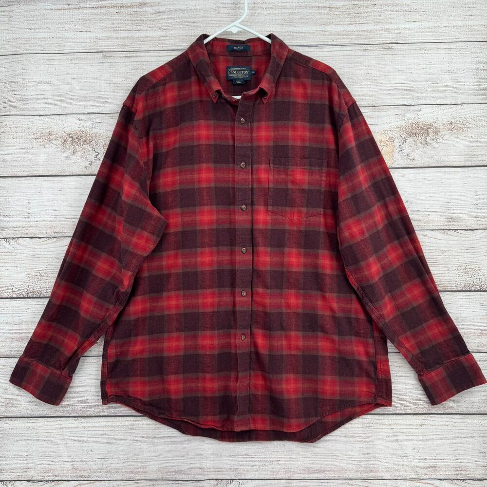 Pendleton Mason Plaid Flannel Button Down Shirt Mens XL Red Brown‎